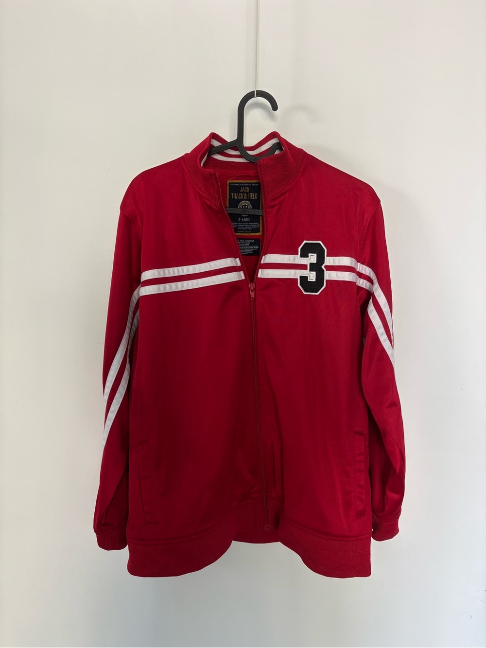 Red Varsity Track Jacket with White Stripes and Number 3